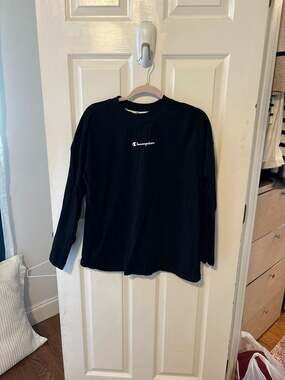 Champion Long Sleeve Script Logo T-Shirt, Black, Size L - Vintage Streetwear